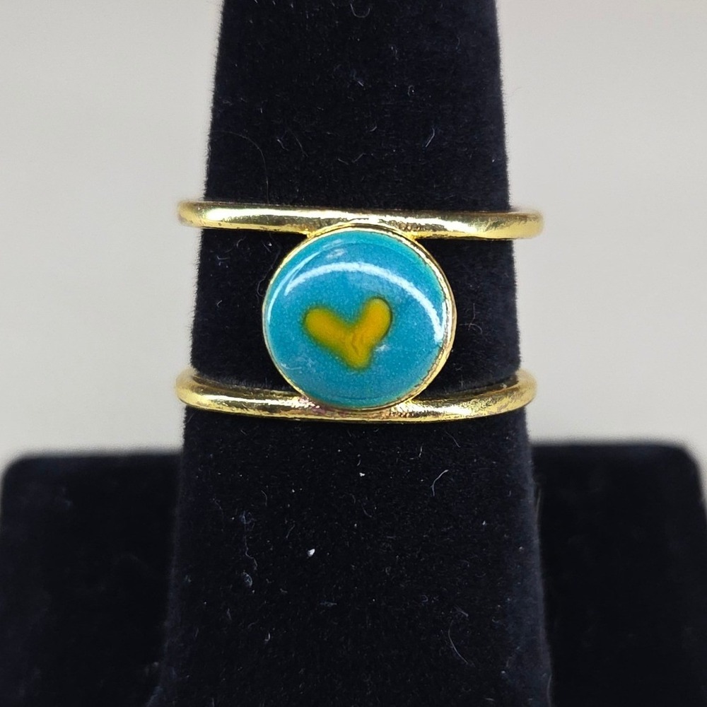 Gold Tone Double Band Cage Ring Turquoise Enamel Yellow Heart Cabochon Size 9